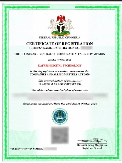 Da Fresh Digital Technology CAC certificate of registration (private details hidden)
